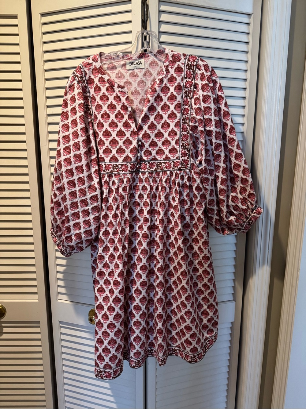 BECASA Red and White Printed Midi Dress with Gathered Waist